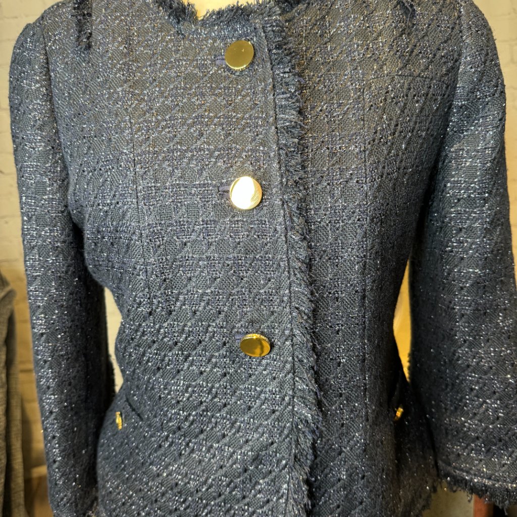 Tory Burch Tweed Emma Fringe Blazer Size 8 Navy